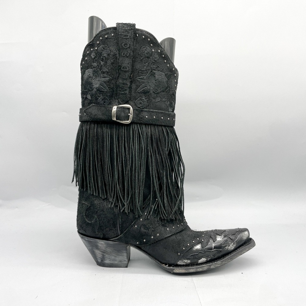 Dan Post Womens 9M Bed of Roses Black Suede Fringe Western Boots Snip Toe Floral